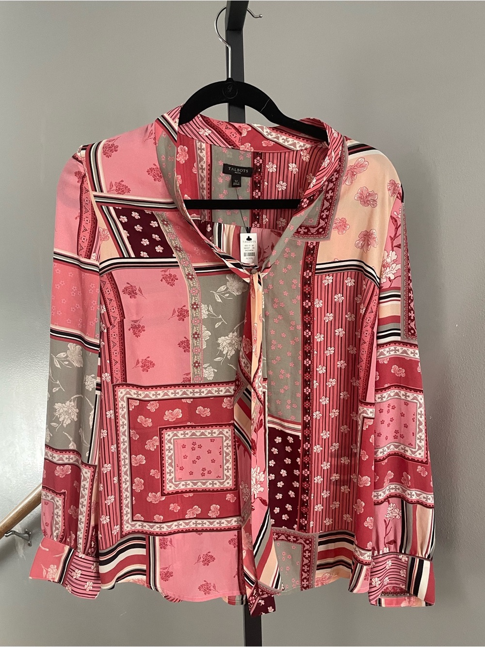 Talbots Patchwork Tie Neck Rose Long Sleeve Blouse Size LP